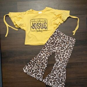 Yellow Graphic Tee and Leopard Print Flare Pants Set